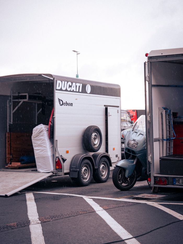 services-01 Ducati motorbike being transported in a trailer at Nürburgring.